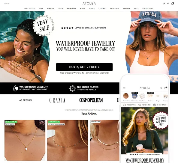 Atolea jewelry Shopify store, designed and built by Code Elevator