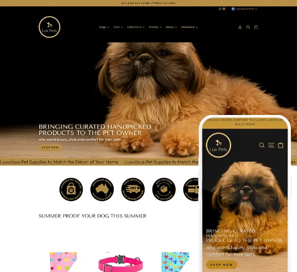 Lux Pet Co pet products Shopify store, designed and built by Code Elevator