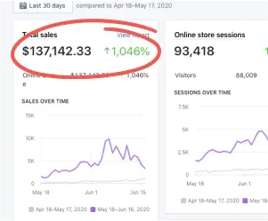Shopify analytics — total sales $137,142 with a 1,046% increase