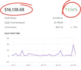 Shopify analytics — total sales $16,138 up 636%
