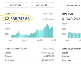 Shopify analytics — total sales $3,595,747 across 36,876 orders